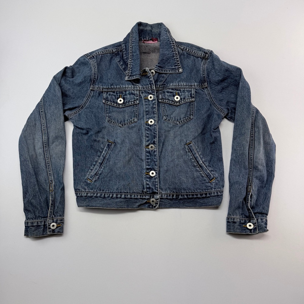 Express Blue Denim Trucker Jacket Medium Wash Button Front Womens Size M